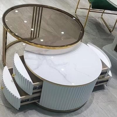 Luxury Round Coffee Table Sets Living Room Stainless Steel Furniture Marble Glass Side Table