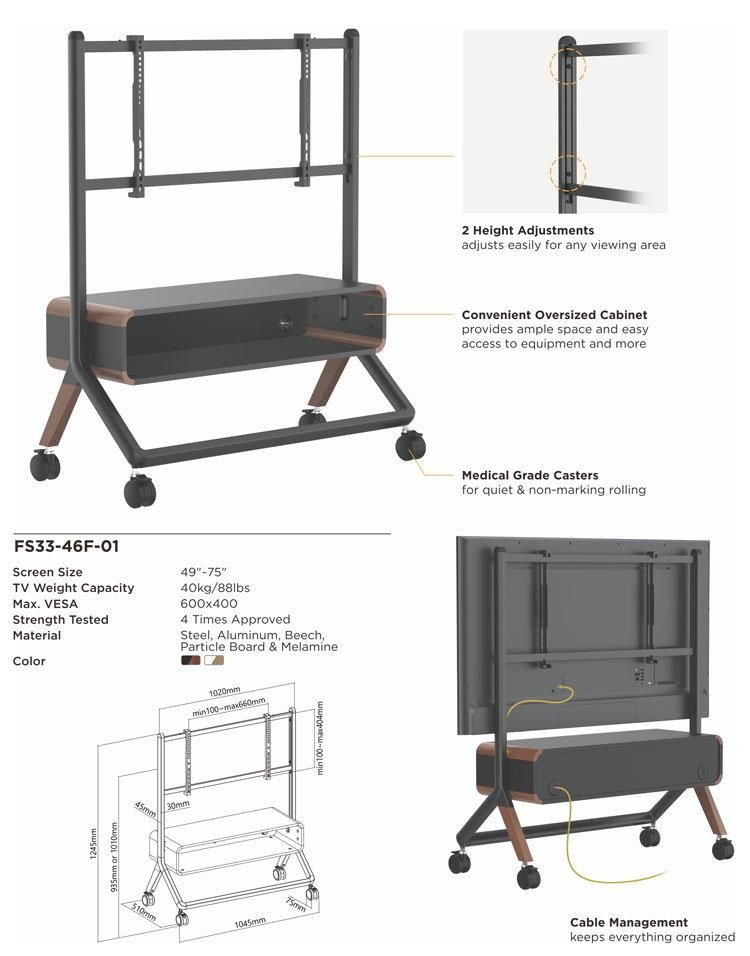 New Modern Wholesale Wooden Entertainment Use Easel Studio Mobile TV Cart Stand with Cabinet