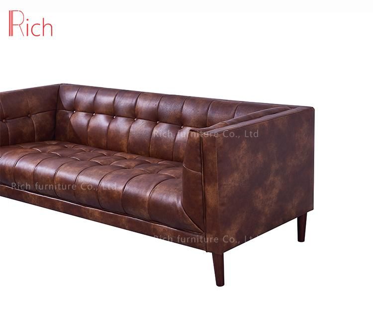 Modern Lounge Design Furniture Vintage Brown Leather Loveseat Couch Living Room Wooden Sofa