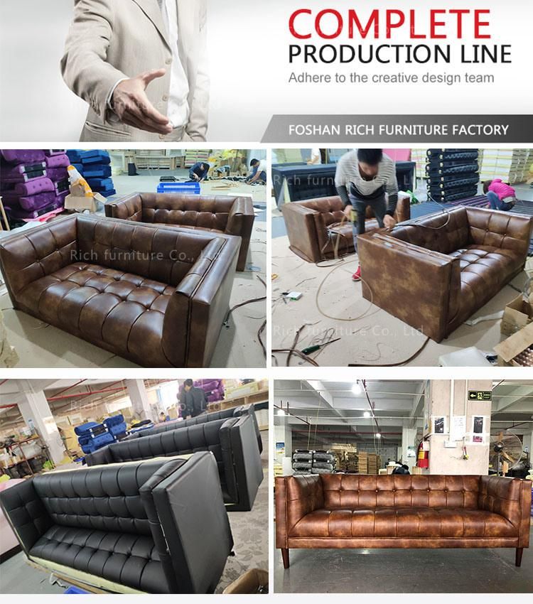 Modern Lounge Design Furniture Vintage Brown Leather Loveseat Couch Living Room Wooden Sofa