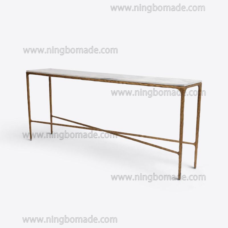 Rustic Hand Hammered Collection Furniture Forged Solid Iron Metal with Brass Color Thick Nature White Cloud Marble Rectangle Side Table