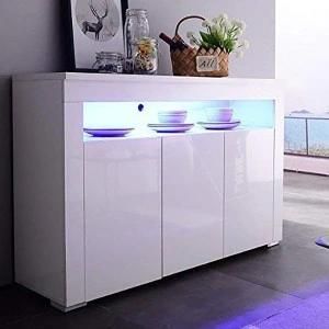 High Gloss 3 Doors Shelf LED Sideboard Storage Cabinet