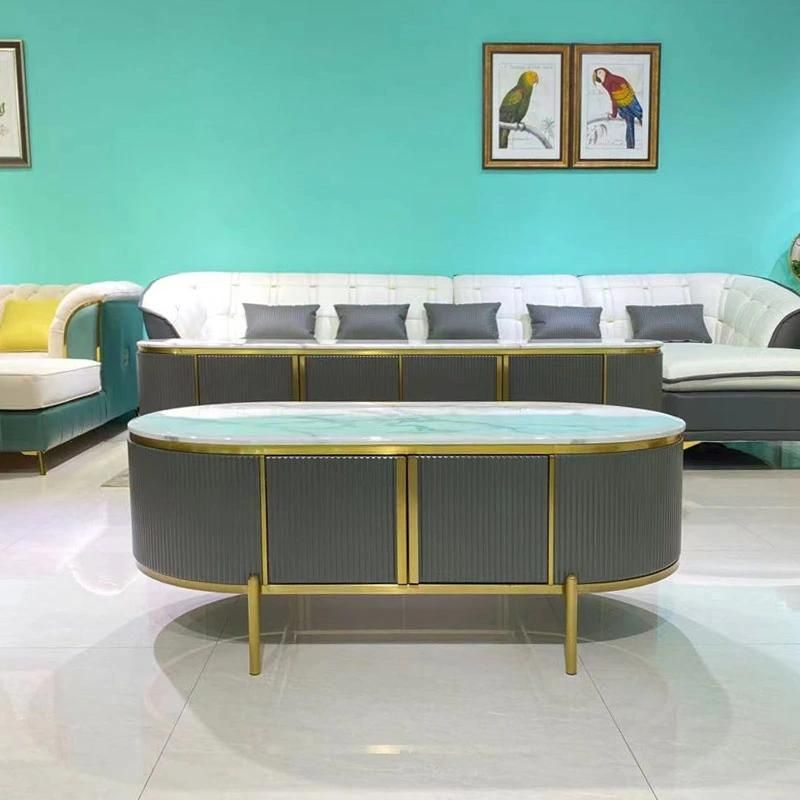 Popular Modern Luxury TV Cabinet Marble Panel Stainless Steel Living Room Hotel Apartment Furniture TV Cabinet