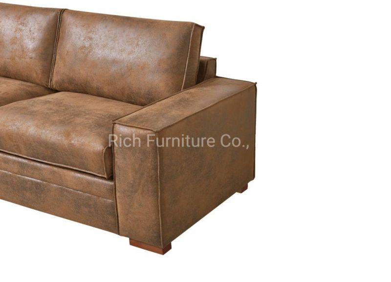 Vintage Retro Industrial Brown Couch Furniture Leather PU Cover Sofa with Wood Legs