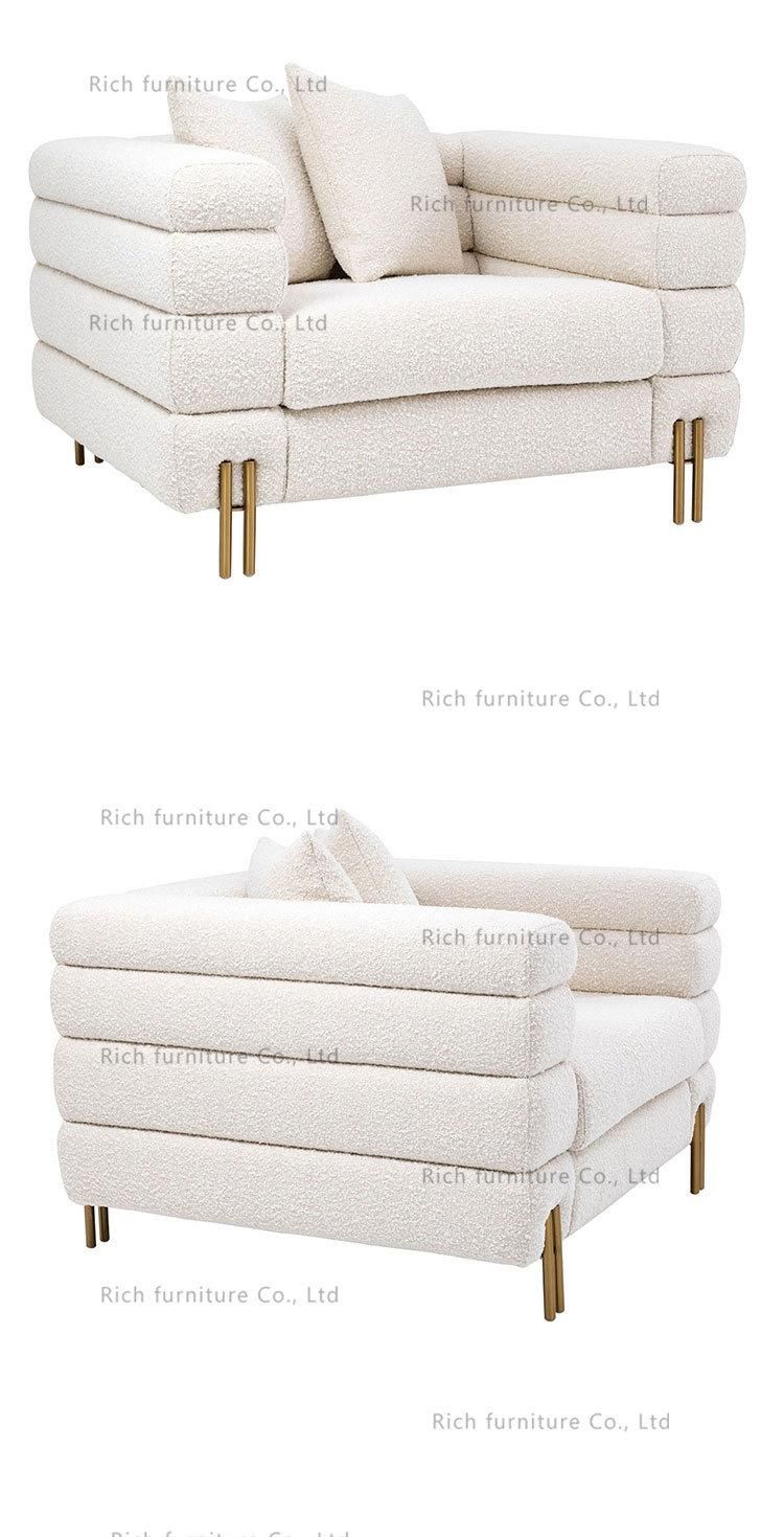 Golden Metal Legs Teddy Fabric Couch White Boucle Single Sofa