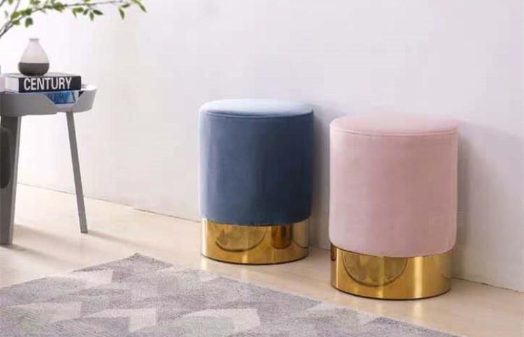 Wholesale Hot Sale Nordic Modern Pink Velvet Fabric Foam Ottoman Gold Bottom Stool for Sofa