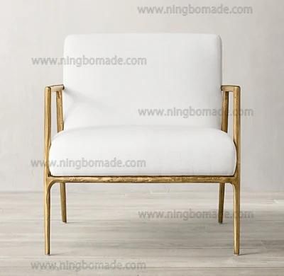 Rustic Hand Hammered Collection Furniture Forged Solid Iron Metal with Brass Color White Linen Arm Sofa