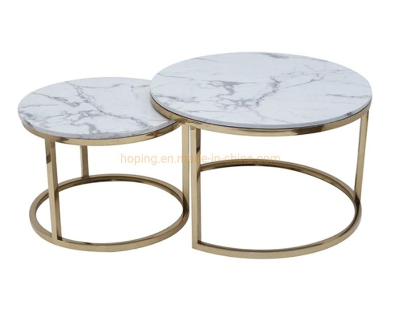 Modern Stainless Steel Metal Coffee Table Set Italian Round White Marble Top Hotel Center Table