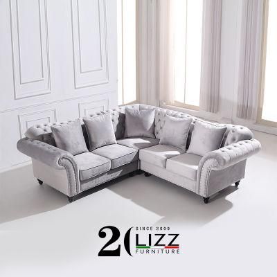 Modular Home Sofa Furniture L Shape Sectional Chesterfield Velvet Fabric Sofa