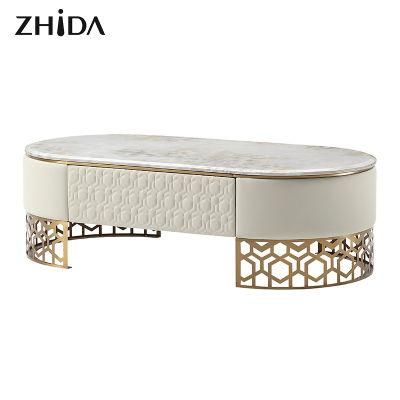 Zhida Luxury Home Furniture Furnishing Living Room White Marble Top Center Table MDF Drawer Golden Metal Leg Coffee Table