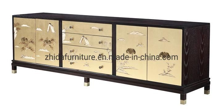 Modern Furniture Project Golden Color Wooden Black Cabinet TV Stand