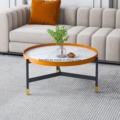 Industrial Furniture Metal Legs Marble Coffee Table with Leather