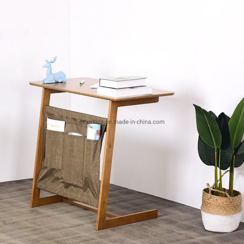 Bamboo Sofa Side Table with Storage Bags, Wood Console Laptop Desk, Writing Reading