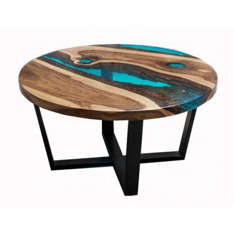 Industrial Blue Epoxy Resin Coffee Table Round Live Edge Table