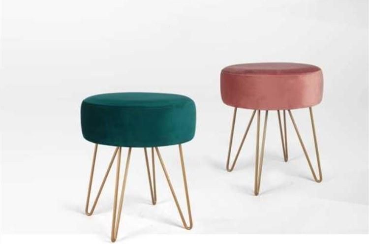 Fashion Living Room Furniture Modern Round Velvet Fabric Stool Makeup Ottoman with Gold Metal Leg