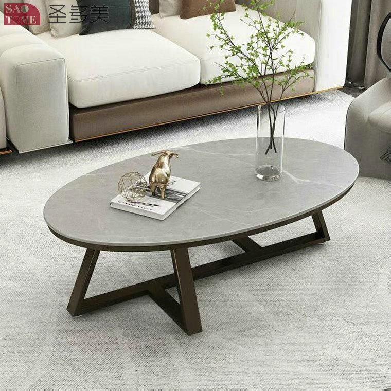 Oval Coffee Table with Nature Marble Top and Steel Feet