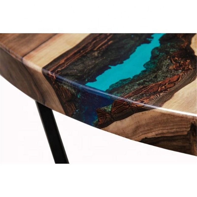 Industrial Blue Epoxy Resin Coffee Table Round Live Edge Table