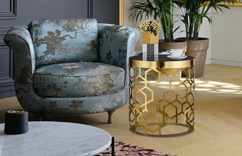 Durable Metal Gold Round Living Room Glass Side Table