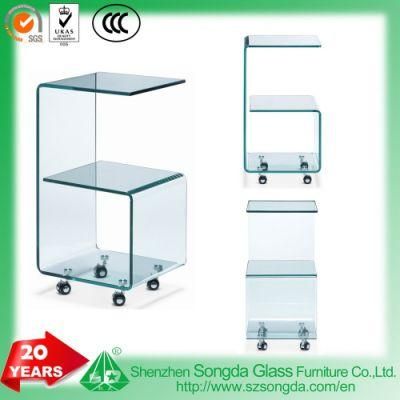 8mm-15mm Clear Bent Glass Side Table with Castors