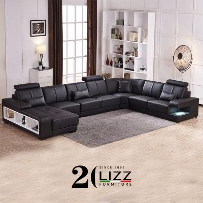 Chinese Manufacturer European Modern Italian Genuine Leather Home Furniture Set Leisure U Shape Living Room LED Sofa