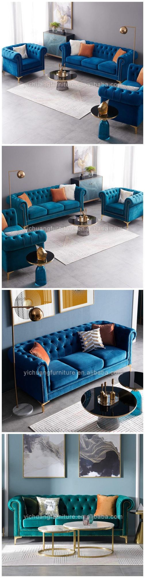 Nice Design Luxury Home Shopping Mall Leisure Furniture Modern Velvet Blue Sofa Set