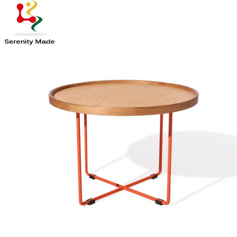 Modern Design Tray Type Wood Top Metal Cross Leg Living Room Waiting Room Round Tea Coffee Table