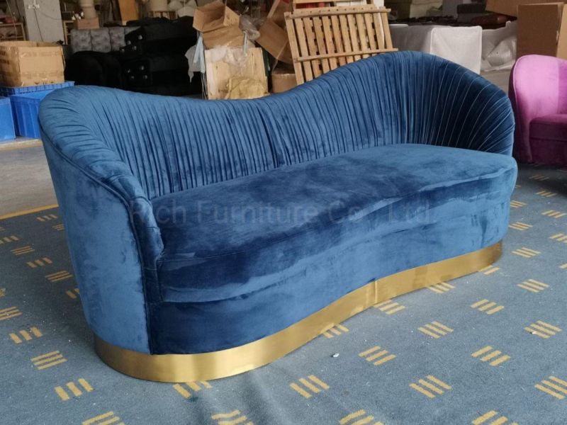 Modern Hotel Pleating Blue Velvet 3 Seat Lounge Sofa with Golden Base Living Room Home Furniture Pleated Couch