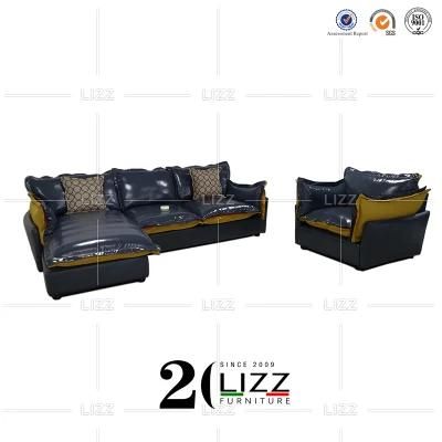 Luxury European Style Living Room Furniture Italian Top Grain Leather Leisure Blue Sofa Set