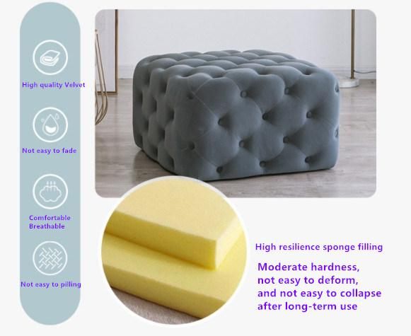 Light Luxury Square Shape Stool Velvet Fabric Cushion Sofa Button Diamond Tufted Pouf