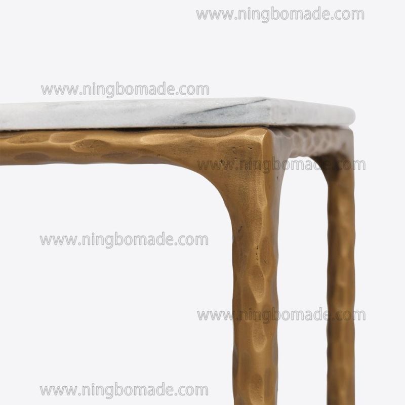 Rustic Hand Hammered Collection Furniture Forged Solid Iron Metal with Brass Color Thick Nature White Cloud Marble Rectangle Side Table