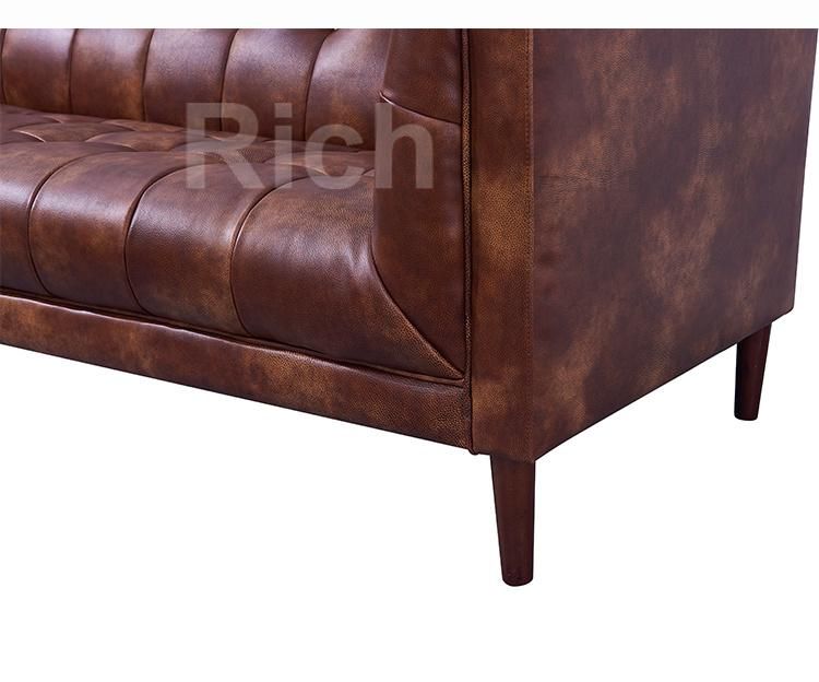 Modern Lounge Design Furniture Vintage Brown Leather Loveseat Couch Living Room Wooden Sofa