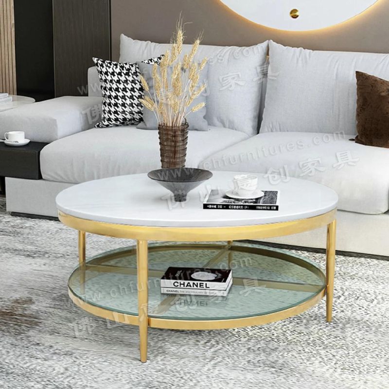 Light Luxury Nordic Marble Round Double-Layer Living Room Stainless Steel Coffee Table