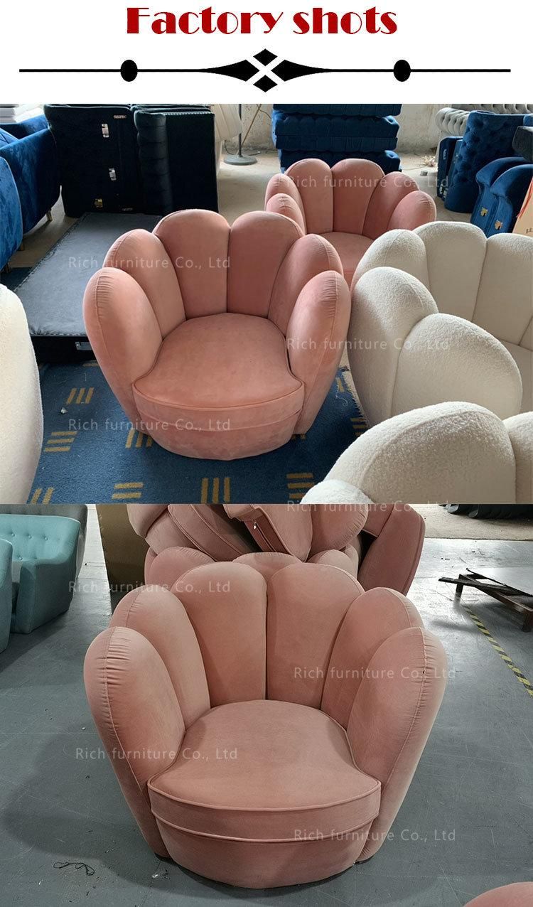 Nordic Style Comfortable Gold Legs Pink Velvet Shell Shaped Armchair Cafe Sofa Chair