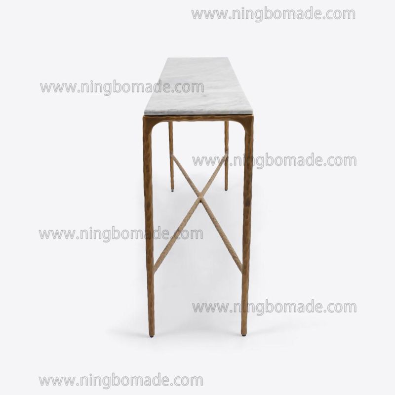 Rustic Hand Hammered Collection Furniture Forged Solid Iron Metal with Brass Color Thick Nature White Cloud Marble Rectangle Side Table