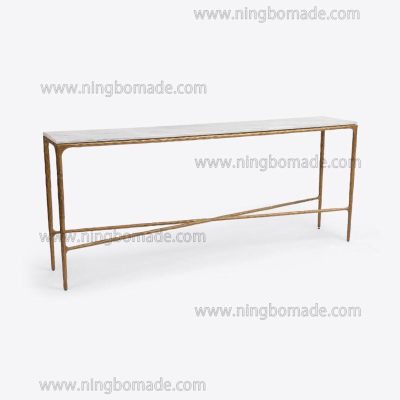 Rustic Hand Hammered Collection Furniture Forged Solid Iron Metal with Brass Color Thick Nature White Cloud Marble Rectangle Side Table