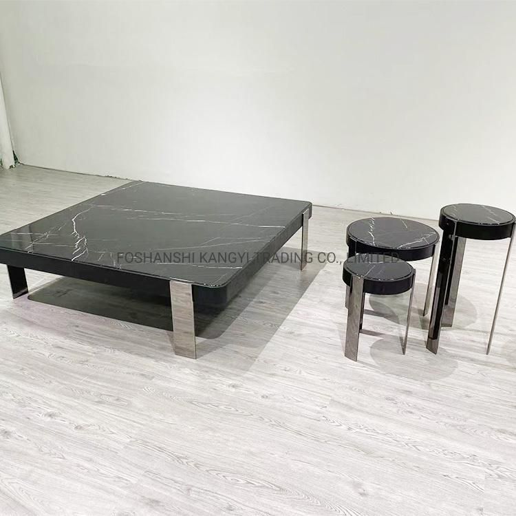 Living Room Coffee Table Modern Black Marble Centre Table with Wood Frame Stainless Steel Legs Restaurant Coffee Tables