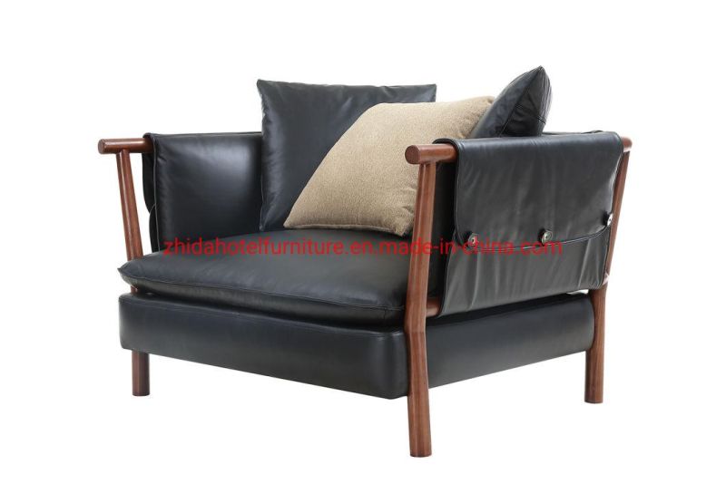 Leather Living Room Modern Home Wooden Walnut Wood Sofa Set