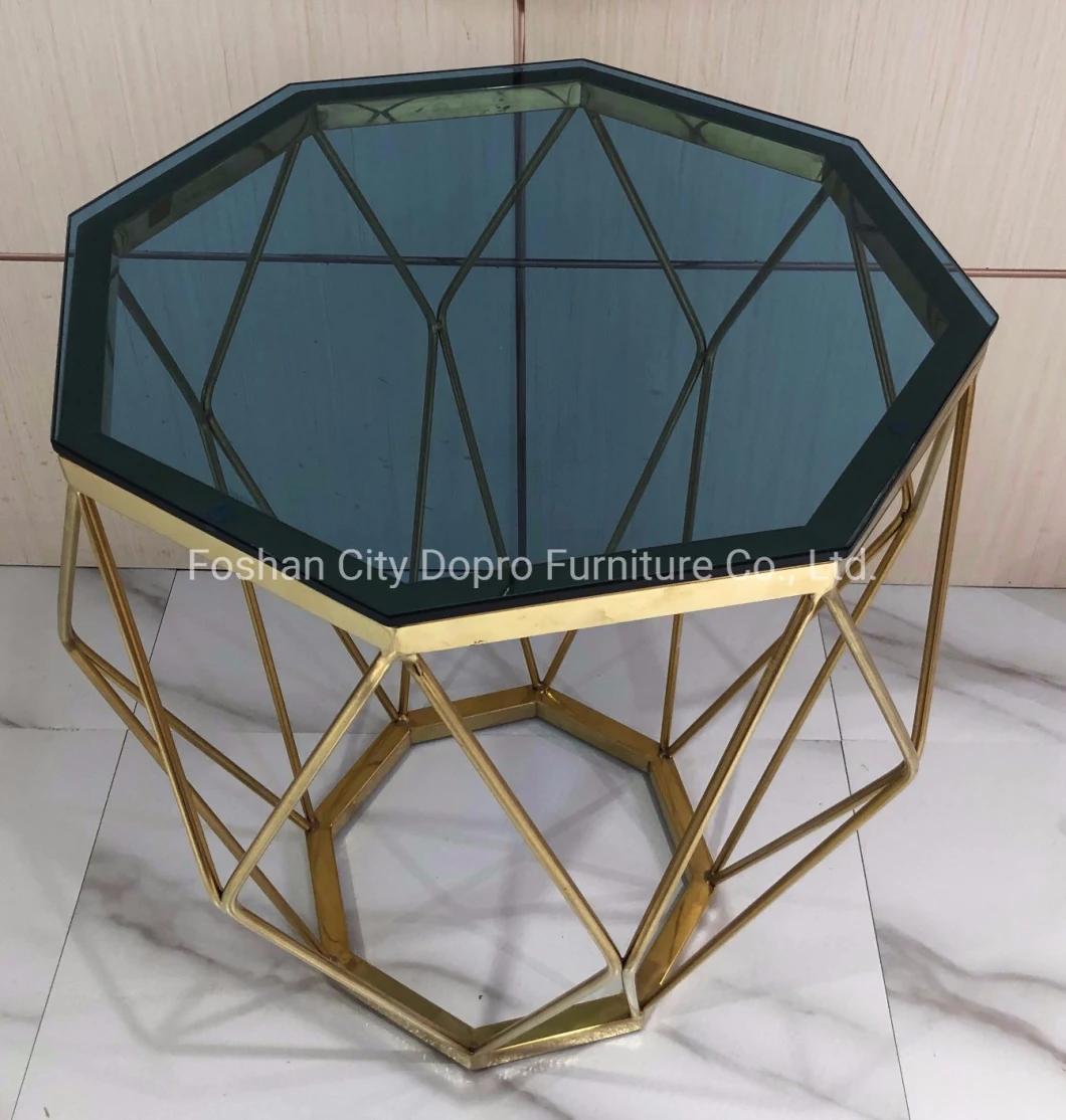 Simple Antique Polygon Blushed Brass Octagon Glass End Table