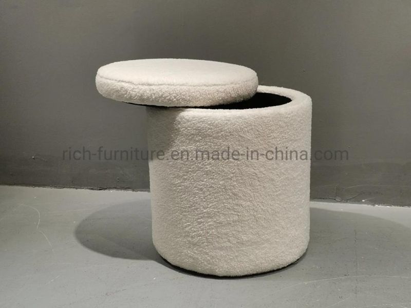 Bedroom White Teddy Fabric Storage Stool Box Small Soft Gold Base Modern Foot Stool Hotel Luxury Round Storage Box Ottoman Bed Side Stool