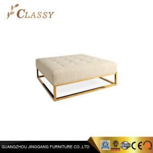 Oversize White Fabric Gold Metal Bench Stool