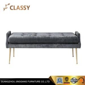 Modern Elegant Grey Flannel Velvet Fabric Bench Stool with Golden Metal Legs