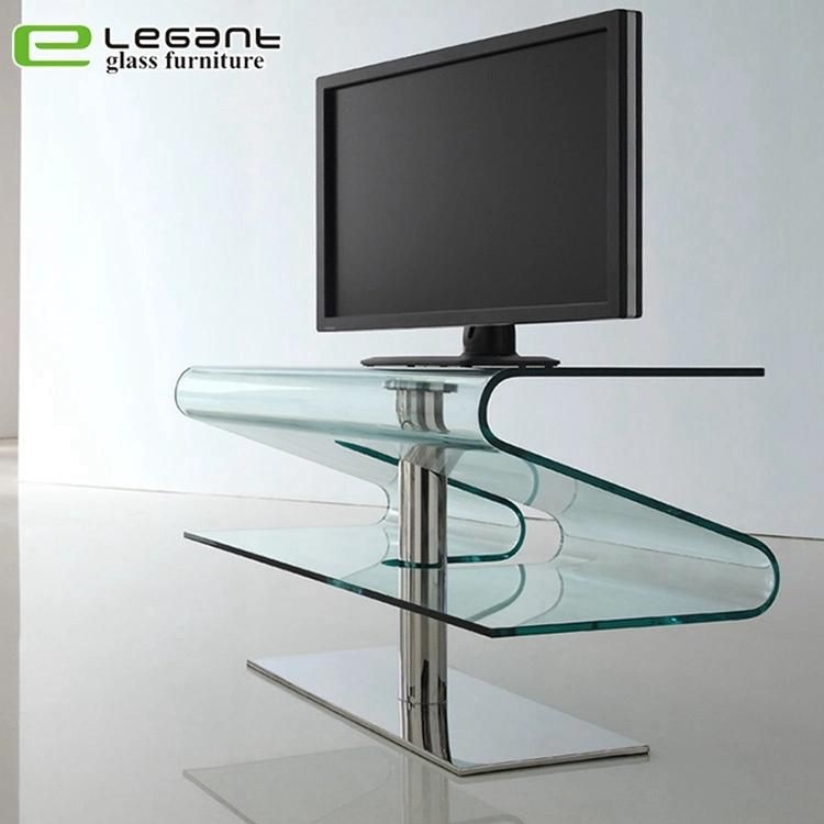 Modern Bent Glass TV Stand with Stainless Steel Base