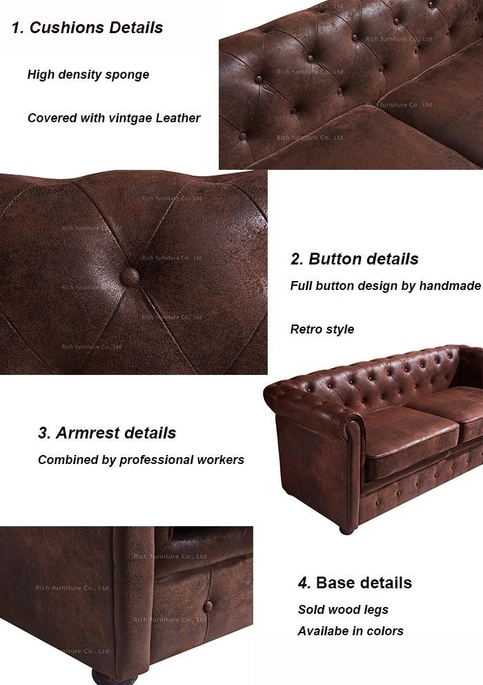 Hotel Event Living Room Home Retro Vintage Antique Leather PU Leisure Classic Chesterfield Sofa Couch Canape