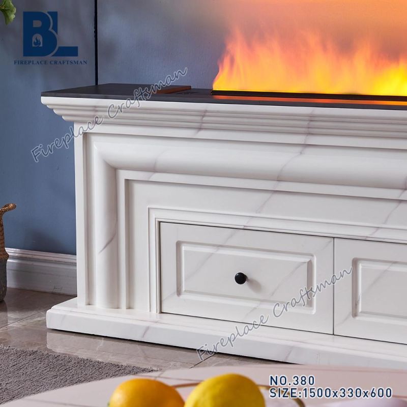 Multi Color Flame Decoe Water Steam Electric Fireplace TV Stand with Marble Top and White Wooden Mantel Cabinet