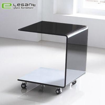 Black Painted Curved Glass End Table with Wheels