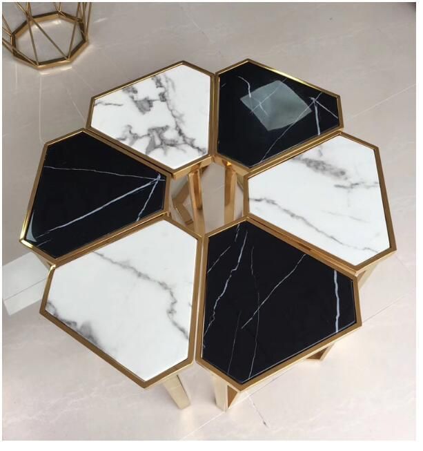 White Black Marble Top and Gold Metal Base Coffee Side Tables