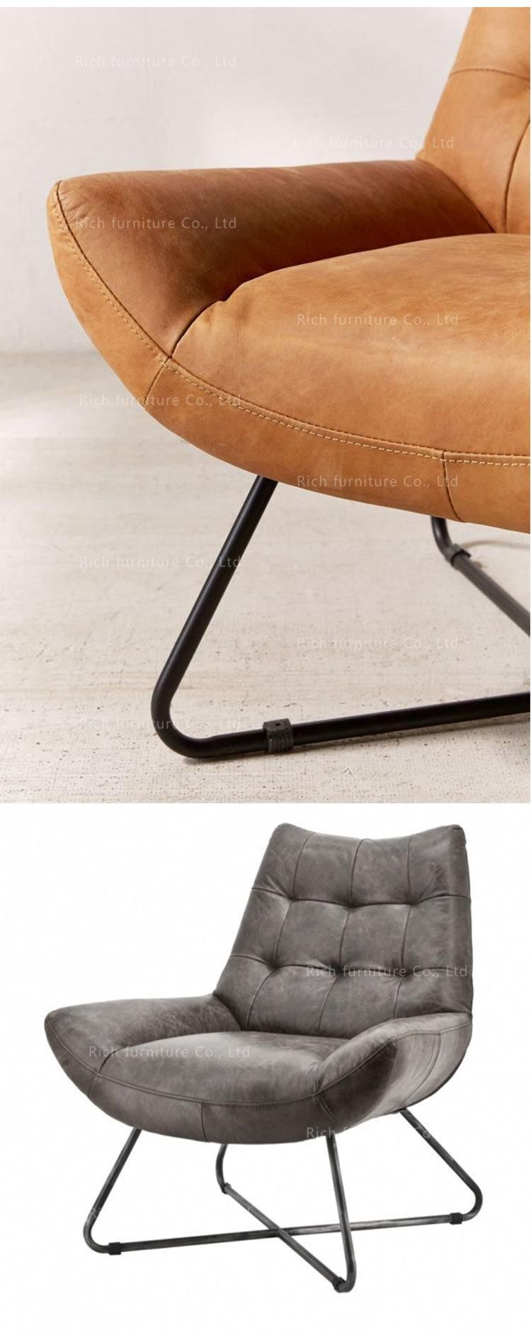 Metal Cross Leg Retro Leather PU Cover Leisure Chair for Living Room Brown Lounge Accent Chair