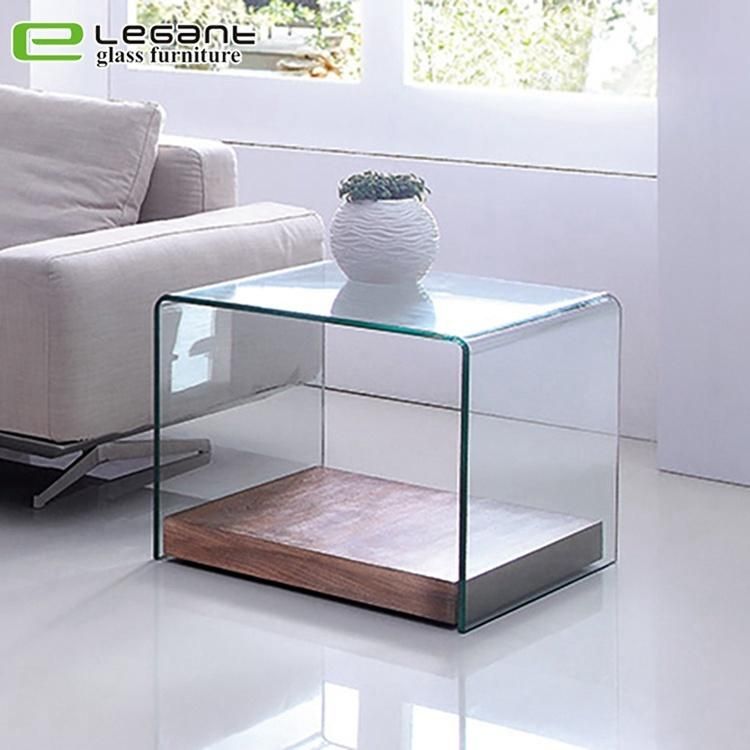 Curved Glass Tea Table with Walnut Wood Veneer