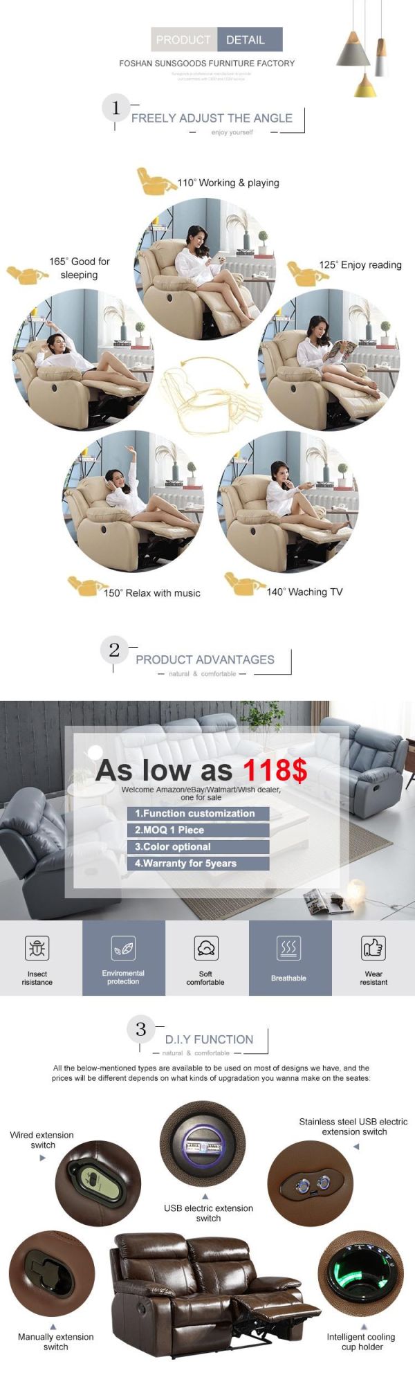 Most Popular Wood Frame Couch Set Living Room Recliner Home Furniture Fabric Sofa