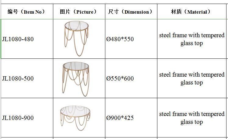 Design Wedding Furniture Round Glass Top Stainless Steel Center Table Coffee